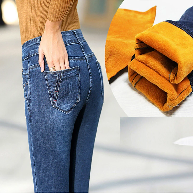 Синего джинсового цвета джинсы брюки Для женщин 2018 г. Зимние теплые джинсы карандаш брюки Высокая талия джинсы стрейч леггинсы Femme Pantalon