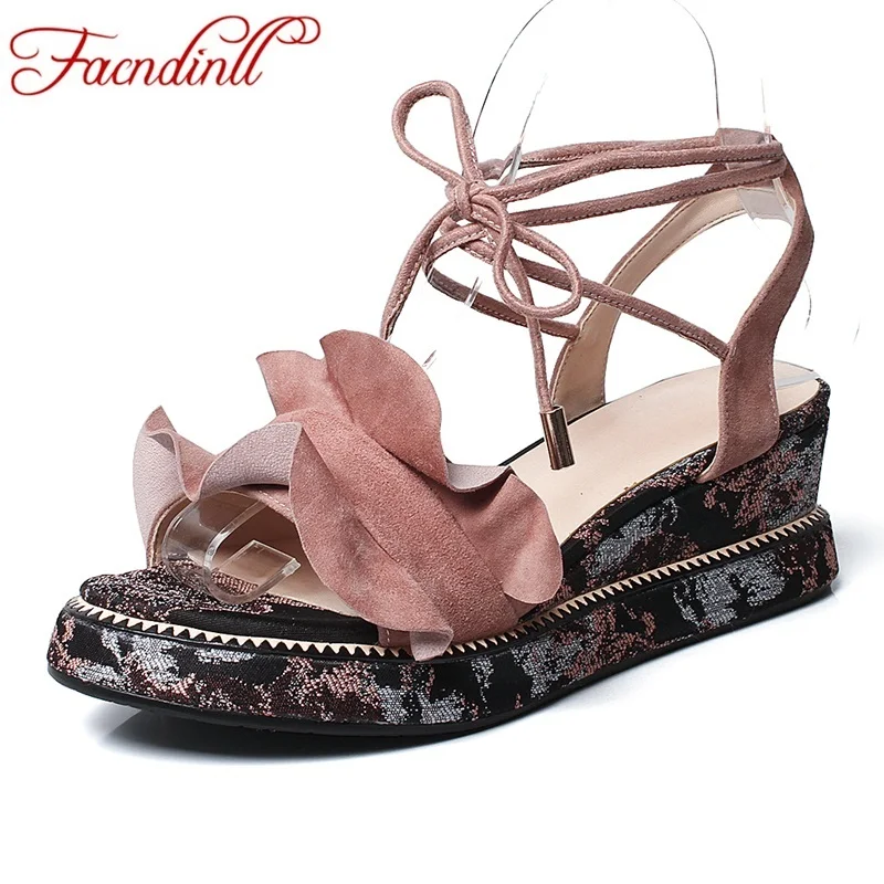 

FACNDINLL new fashion women sandals genuine leather wedges heels peep toe shoes woman sweet dress party casual gladiator sandals