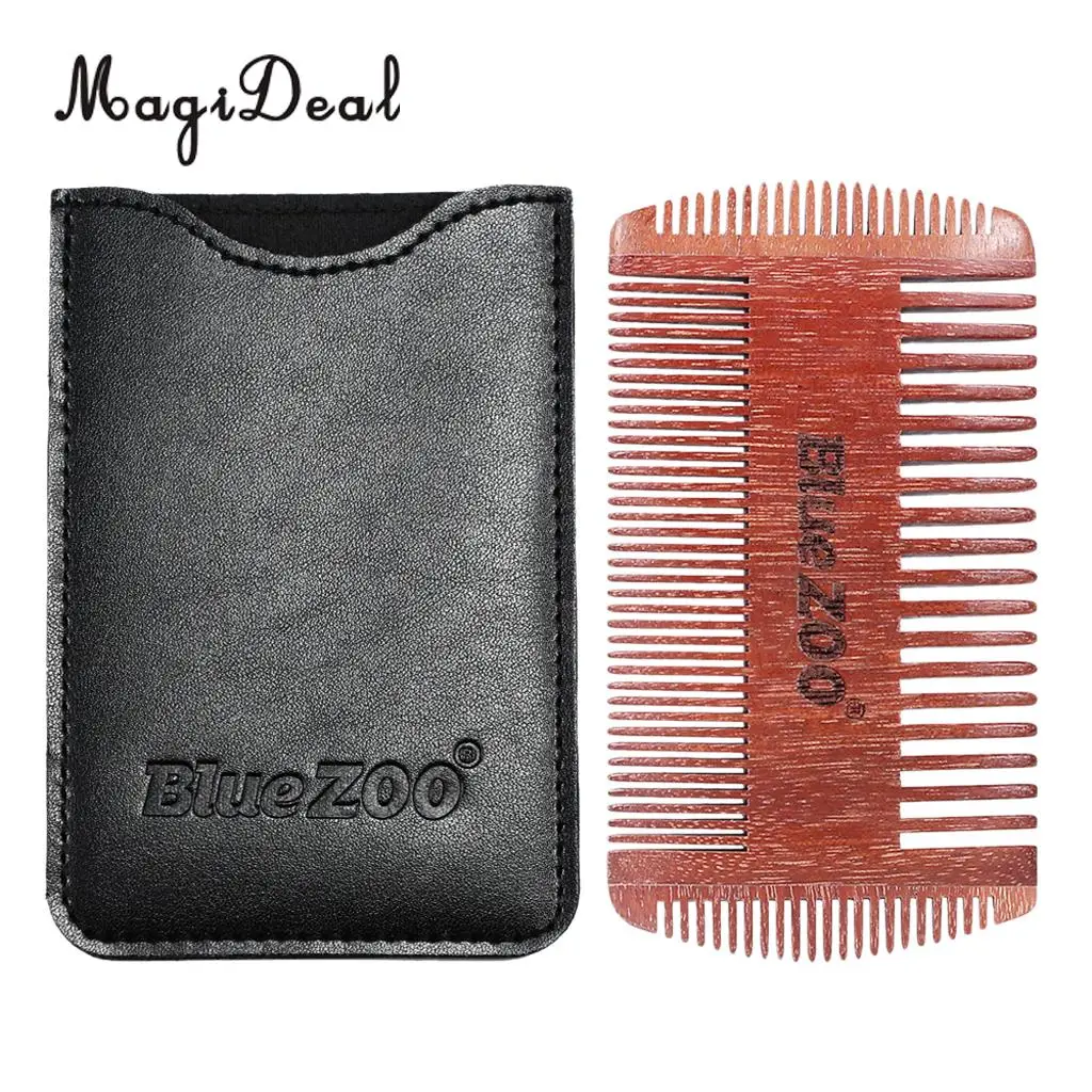 Anti Static Natural Sandalwood 4 Sided Fine Coarse Teeth Men Beard Mustaches Grooming Shaving Comb with PU Leather Bag Case