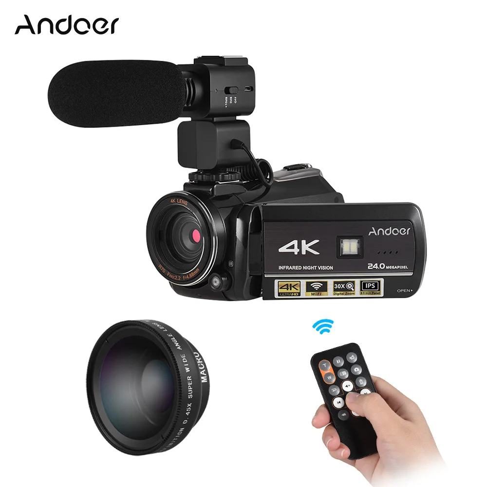 Andoer профессиональная видеокамера 4K Camara профессиональная видеокамера с Экстра 0.39X широкоугольный объектив+ бленда+ внешний микрофон