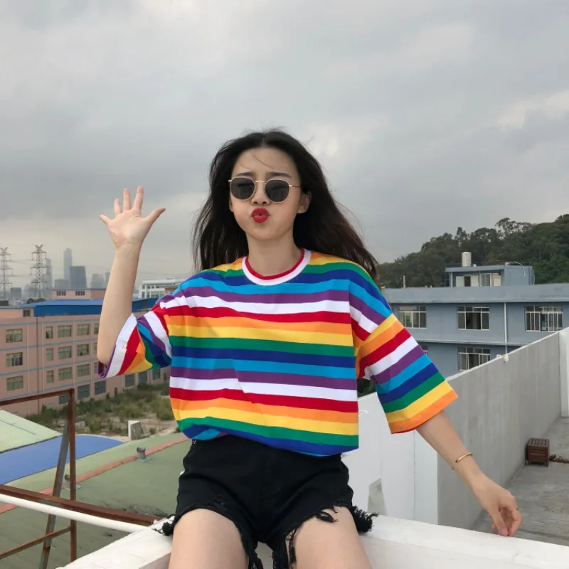 Rainbow Striped Tops Harajuku Tshirt Summer Short Sleeve