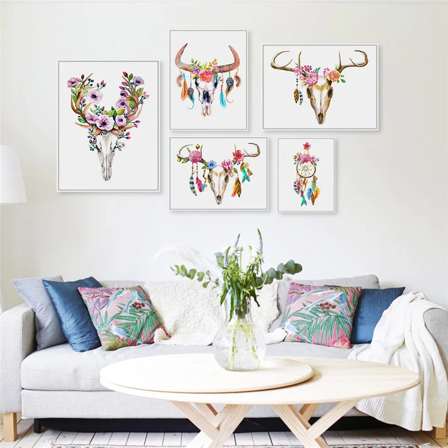 Bohemian Watercolor Deer Skull Poster Art Prints, Skull Animal Buff Bull Bull With Flowers Wall Pictures Canvas Painting