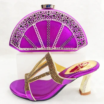 

Purple rhinestones slippers shoes with clutches bag for african aso ebi party italian shoes and bag set new shoes bag SB8372-3