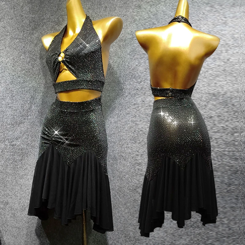 

New Design Latin Dance Women Costume 2pcs Black Squin Dance Wear Sexy Backless Dance Top Flamengo Black Latin Dance Skirt VDB695