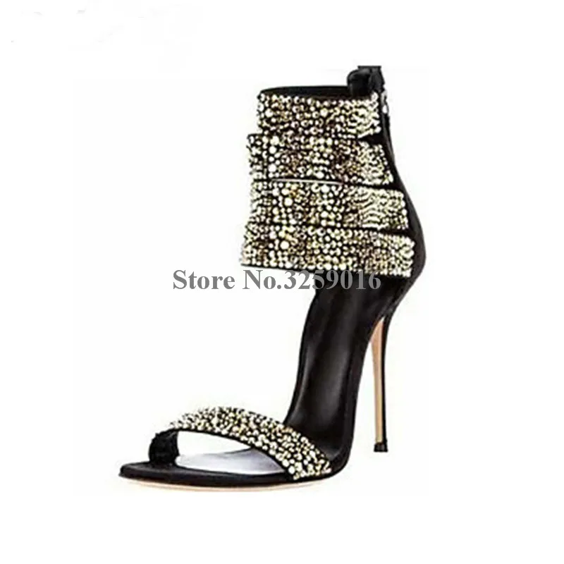 

New Fashion Women Bling Bling Silver Gold Rhinestone Gladiator Sandals Ankle Wrap Crystal High Heel Sandals Formal Dress Shoes