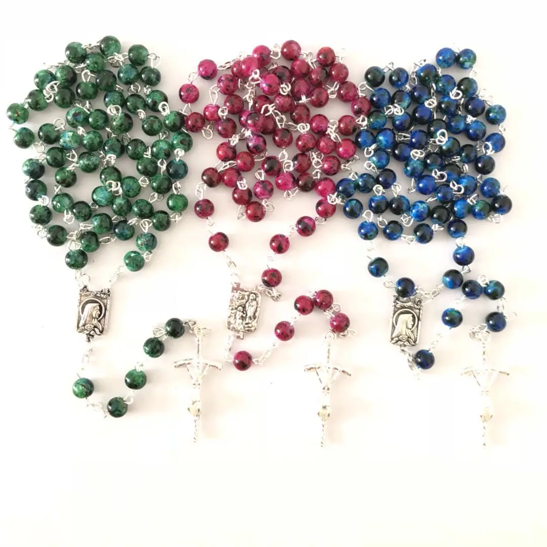 6 мм с рисунком отделку стеклянные бусины католическое ожерелье, религиозный Розарий три цвета зеленый, розовый, синий