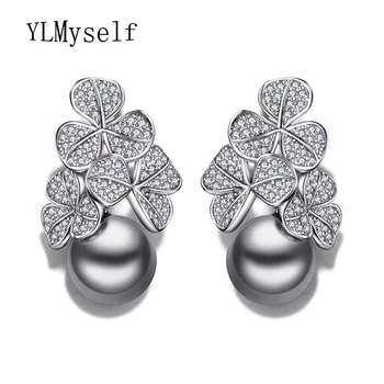 

New year gift Fashion flower drop earring statement jewelry pendientes aros with clear crystal and simulated gray pearl earings