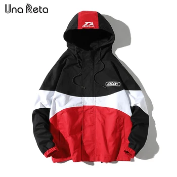 

Una Reta Hooded Jacket Men Fashion New Autumn Stitching printing Hip Hop Jackets 100%Cotton Streetwear Casual Jacket Coat Man