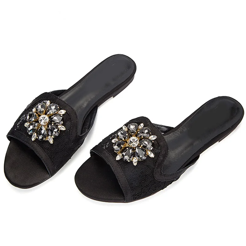 

2018 Summer Floral Lace Gem Rhinestone Flower Slipper Sandals Decor Peep Toe Flats Leisure Crystal Slide Shoes for Ladies