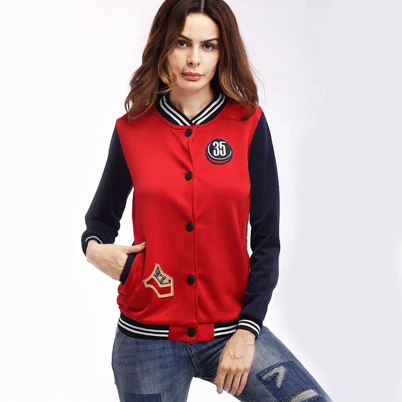 Yilia Patchwork Long Sleeve Slim Baseball Jacket Women Casual V neck