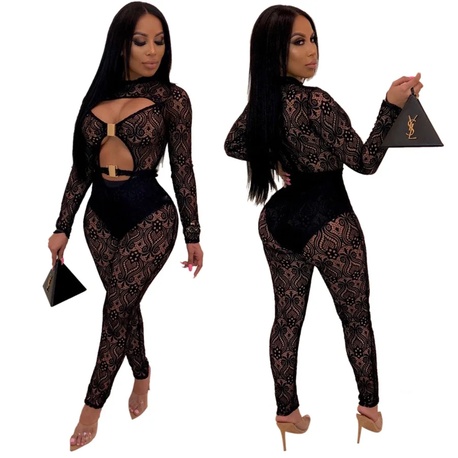 black jumpsuit Adogirl, женский сексуальный комбинезон с вырезами, с кружевами, с трусиками, с длинным рукавом, для ночного клуба, вечерние, обтягивающие, комбинезон, модные боди - Цвет: black jumpsuit