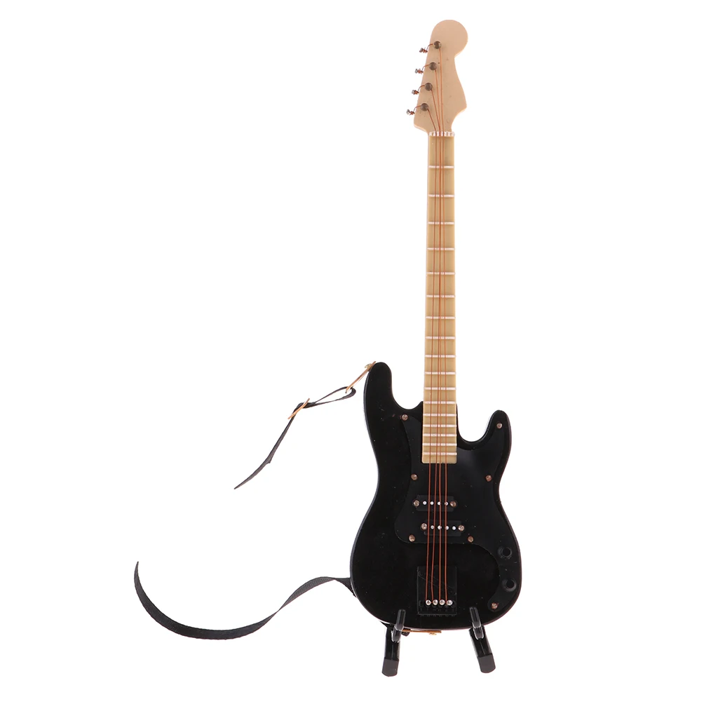 Handmade 1/6 Musical Instrument Crafts Wooden Electric Bass Guitar with Stand for Hot Toys for 1/6 BJD Dolls House