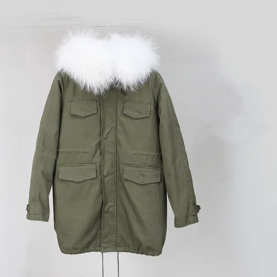 Высокое качество,, длинное пальто из натурального меха, зимняя куртка для женщин, парка с воротником из меха енота, Женская Стеганая куртка с капюшоном - Цвет: Vintage Army Green