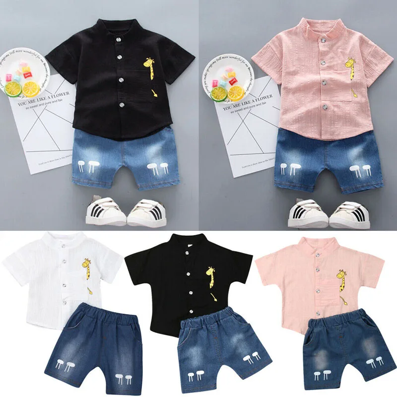  Cotton Tops Gentleman Shirt Jean Shorts Summer Clothes Outfits Cartoon Print Button Short Sleeve sh