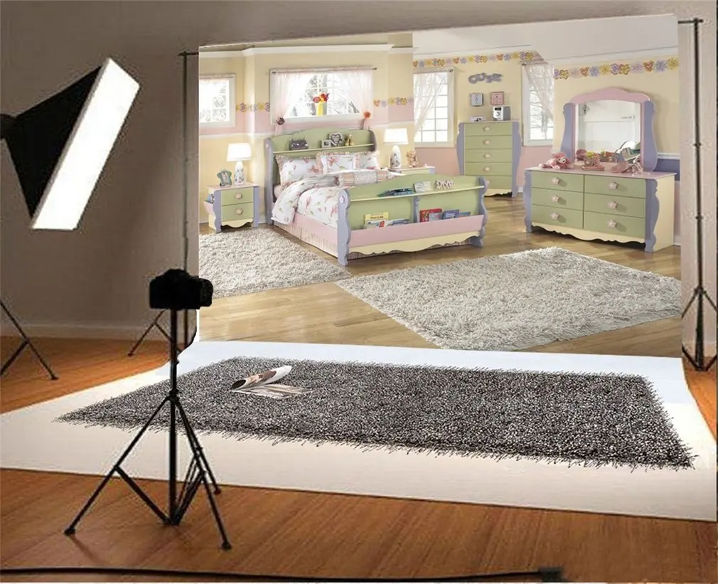 

Photography Backdrop Interior Kinder House Princess Room Dressing Table Carpet Wood Floor Sofa Bed Curtain