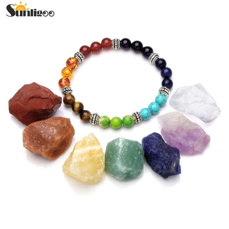 Günstig Sunligoo 7 Chakra Healing Kristalle Natürliche Grobe Raw Steine + Natürliche Edelstein Stein Chakra Armband Meditation Set Energie Stein Dekor