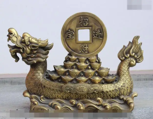 

S03817 17" Folk Chinese Bronze Fu Wealth Money Yuanbao Dragon Boat Ship Vessels Statue B0403