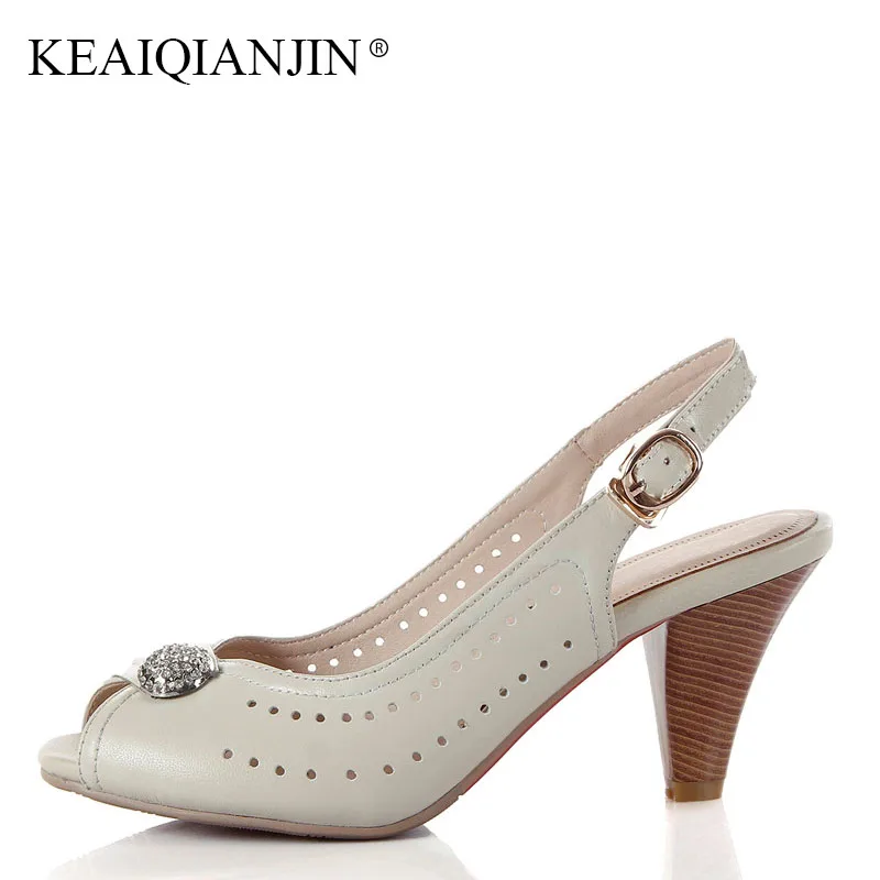 

KEAIQIANJIN Woman Summer Genuine Leather Crystal Sandal Sexy Apricot High Heels Shoes Plus Size 33 43 Genuine Leather Sandal
