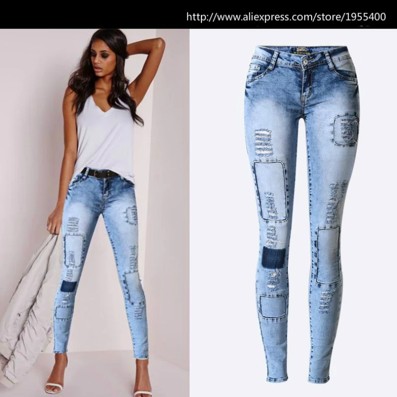

2019 Low-waist Hole Patch Jeans Women Europe High Stretch Cotton Jeans Femme Push Up High Quality Pantalon Femme Vintage Jeans