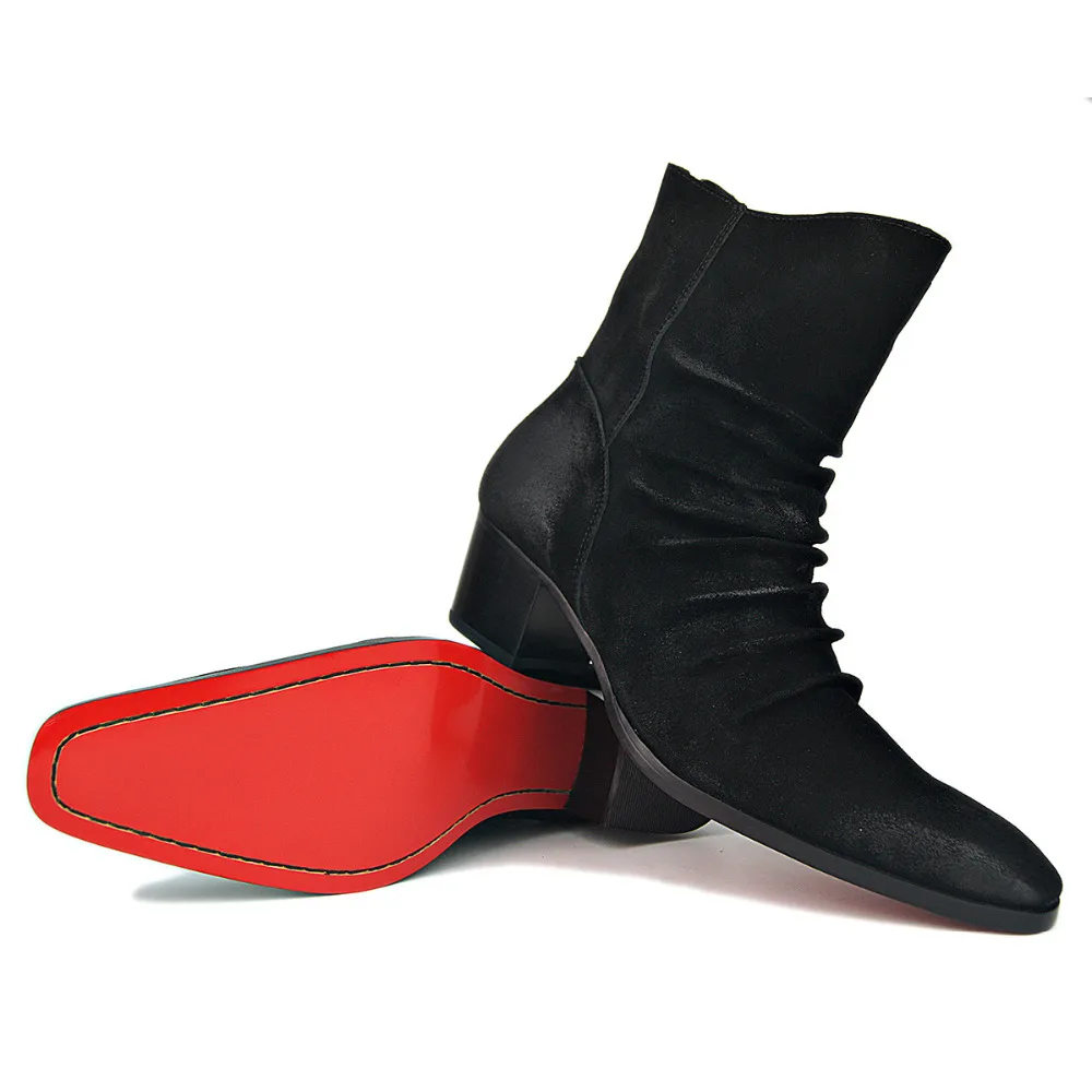Del Británica Falda Botas De Vaca Hombres Cremallera Chelsea Zapatos Rojo Cuero Genuino Estilo Los Alto Tacón Fondo Moda Opf6qTwU