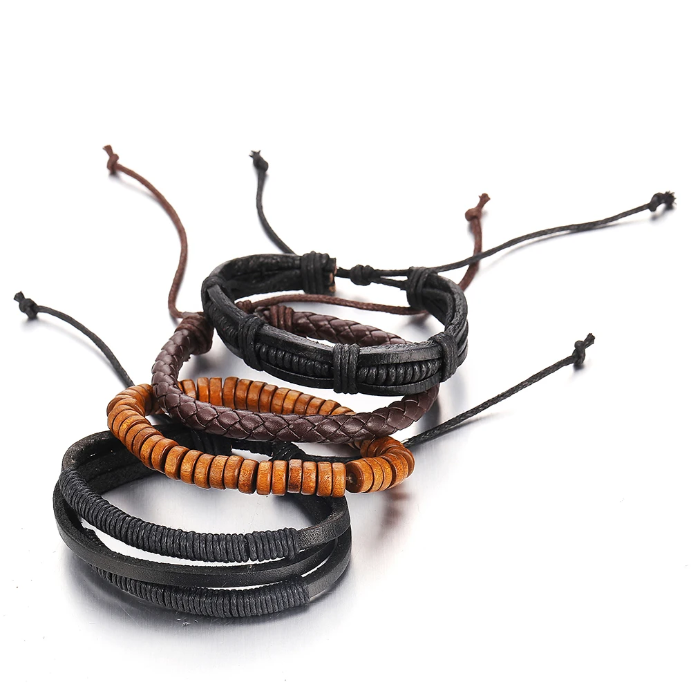 17 км 6 дизайн Винтажный деревянный бисер кожаные браслеты набор мужской модный многослойный веревочный браслет и браслеты ручной работы ювелирные изделия