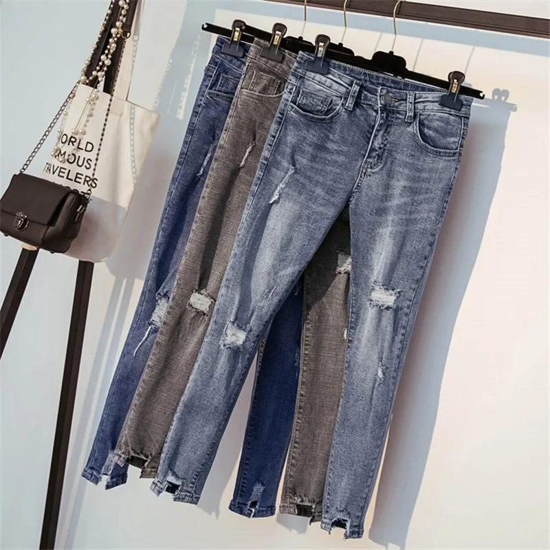 Плюс размеры эластичный синий кисточкой рваные джинсы Mid женщина джинсовые штаны мотобрюки для женщин облегающие джинсы