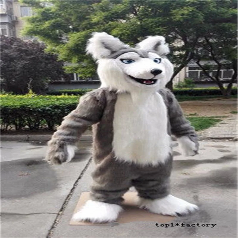 

Halloween Carnival Advertising Long Fur Gray Husky Dog Mascot Costume Suits Wolf Fox Cosplay Birthday Party Game Dress Adults US