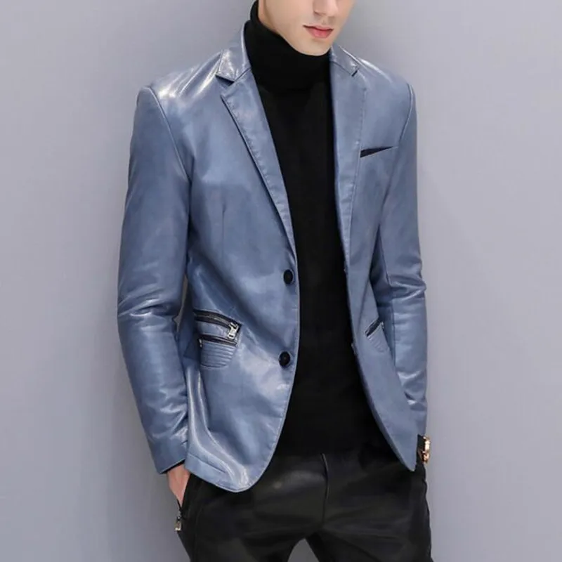 Men Leather Jacket Blue Black Suit Jacket Blazer Mens Jackets And Coats Winter Casual Formal Spring Autumn Male Brand Clothing