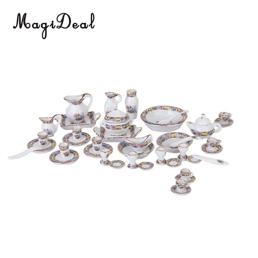 MagiDeal Hot Sale 40Pcs/Set Dollhouse Miniature Dining Ware Porcelain Tea Set Dish Plate Flowers Children Pretend Play Toys