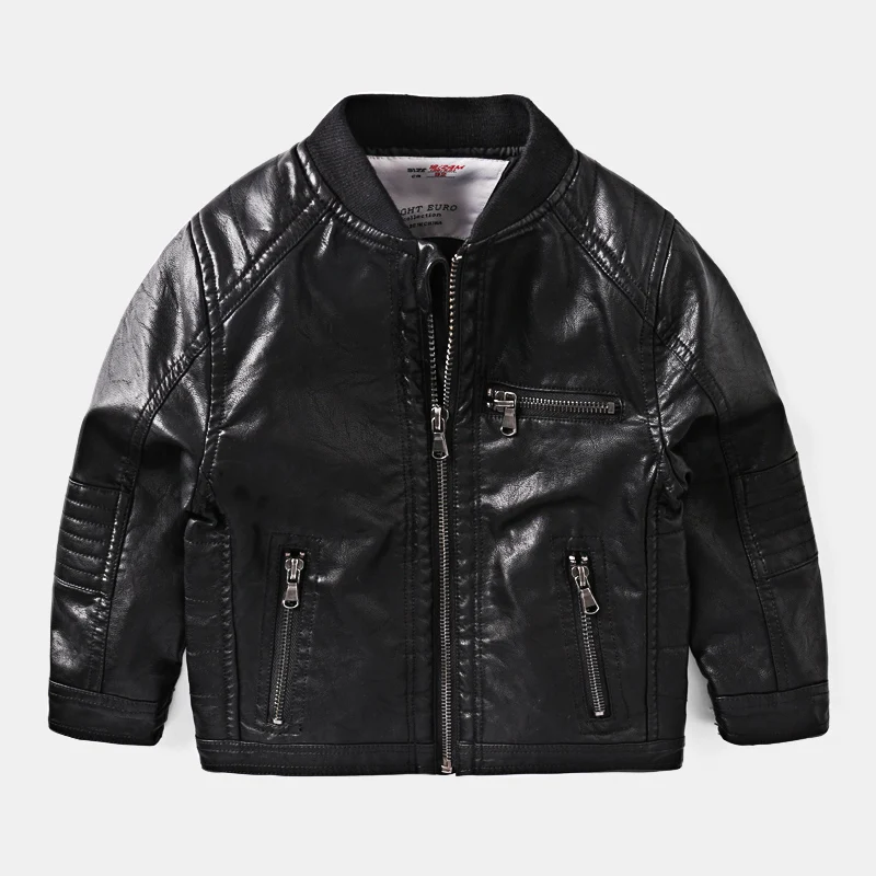 Classic Trendy Black Faux Leather Jacket Kids Boy Zip Motorcycle Coat