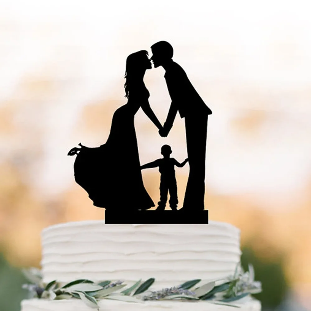 Customized Acrylic  wooden wedding cake topper Family Wedding Cake topper with boy,Personalized wedding cake toppers silhouette