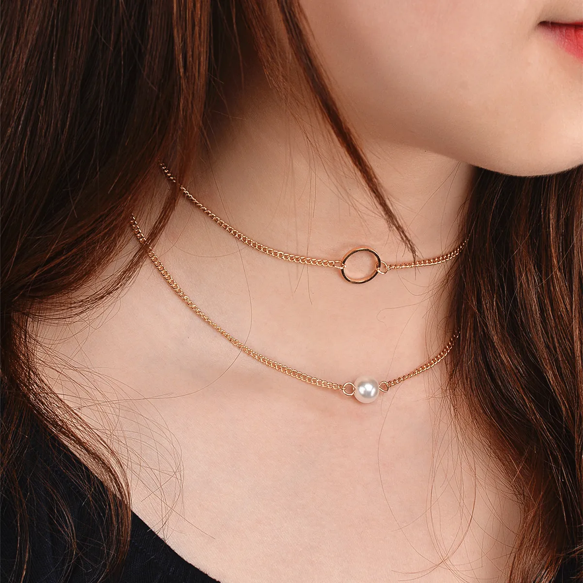 

Multi-layer Imitation Pearl Metal Round Circle Necklace Gold Color Fahsion Women Jewelry Simple Chain Choker Drop Shipping