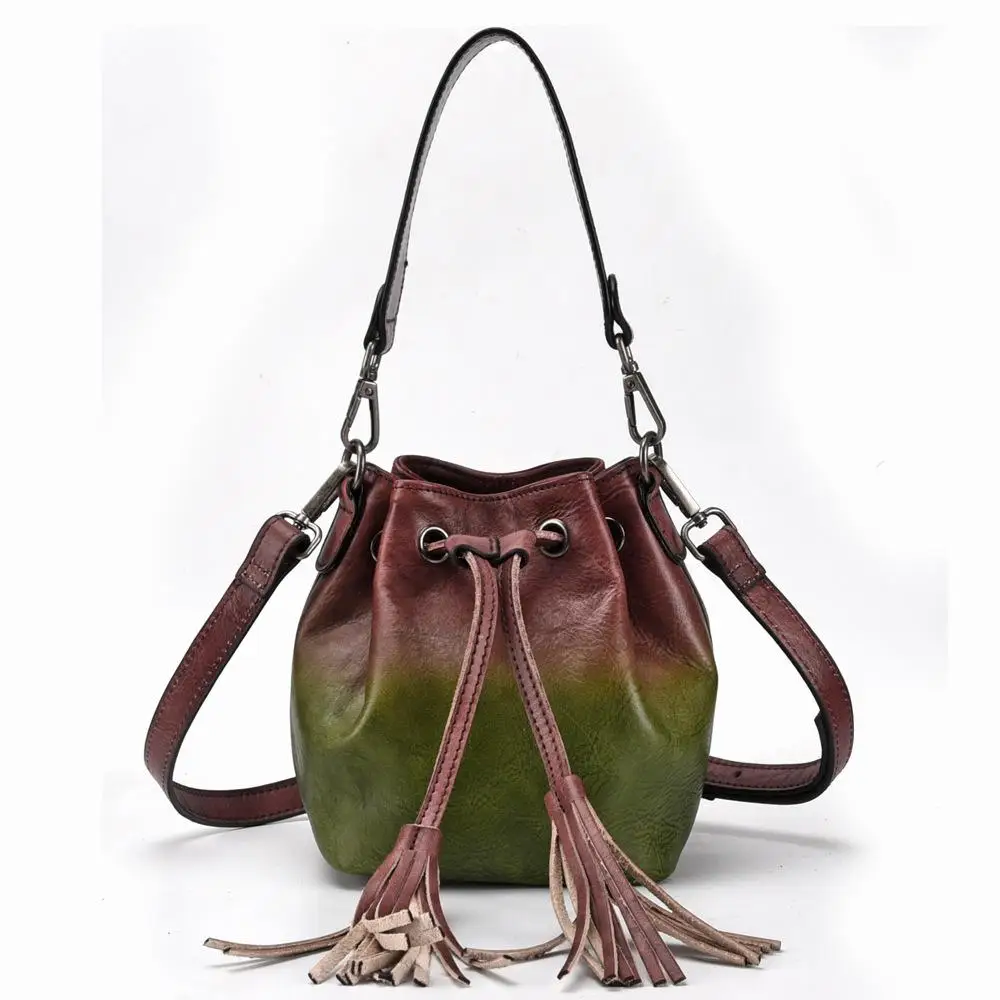 Новинка, винтажная многофункциональная женская маленькая сумка из воловьей кожи, модная сумка-мешок из натуральной кожи с кисточками, сумки через плечо и сумки через плечо - Цвет: Зеленый
