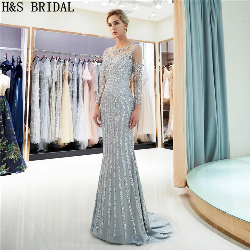 H&S BRIDAL long sleeve evening dress Luxurious Sexy Crystal Beading evening dresses long Mermaid Evening Gown vestidos de fiesta
