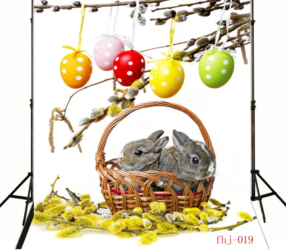 

New 2017 Free Shipping Vinyl Indoor Computer Print Studio Photo Background Cloth Easter Egg Basket Two Gray Rabbit