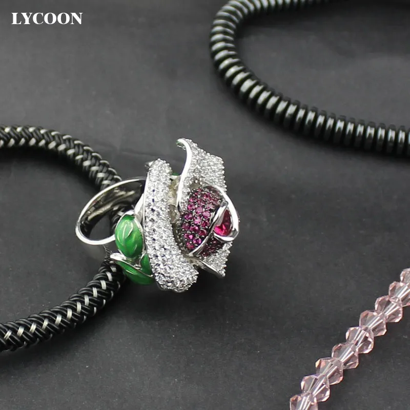 LYCOON новейшее роскошное кольцо с красным Цирконом для женщин обручальное женское кольцо с большим цветком розы кубический цирконий CZ камень обручальные кольца