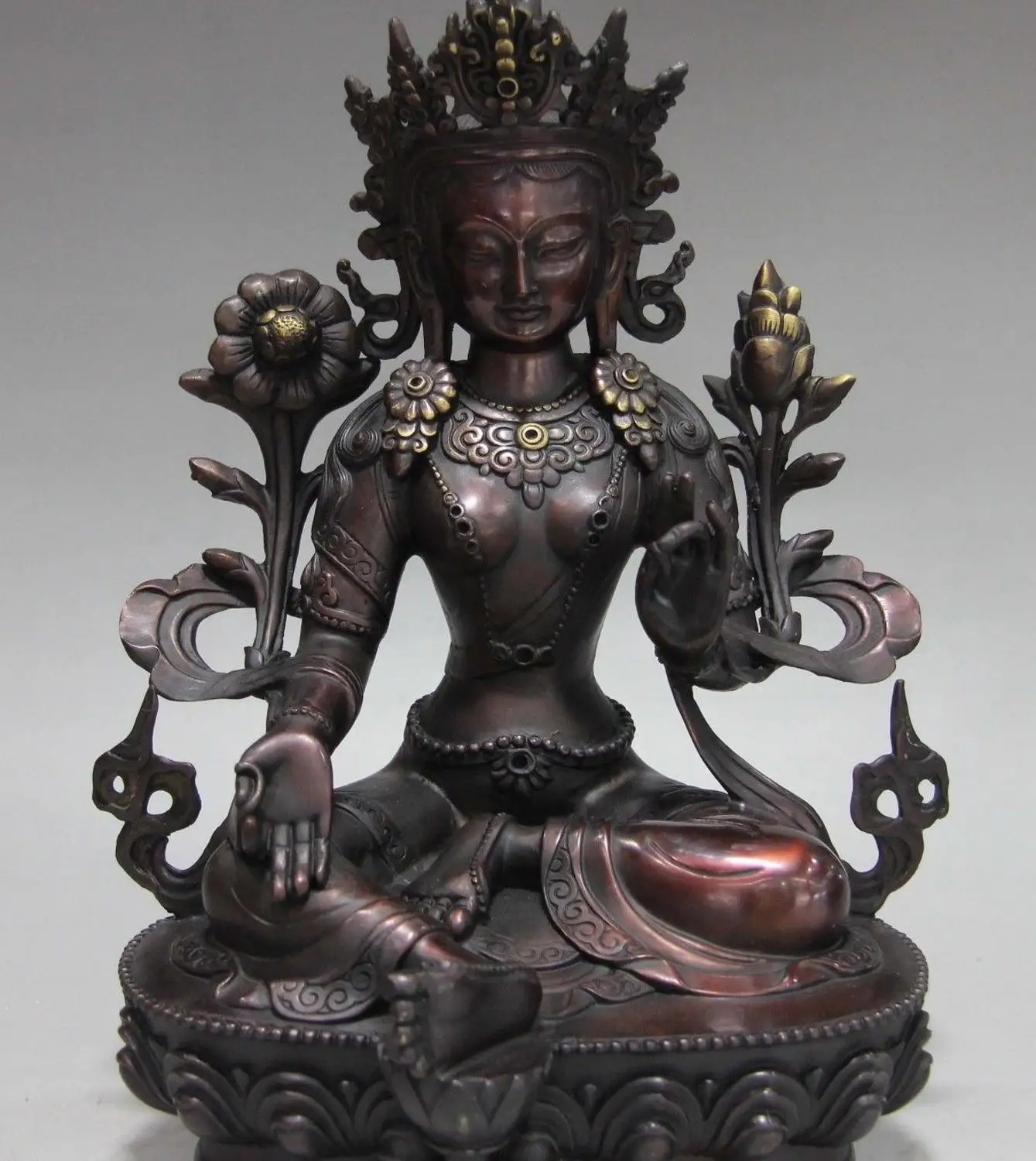 

12 Tibet Buddhism Red Copper Bronze Green TaRa Guan Yin Kwan-yin Boddha Statue