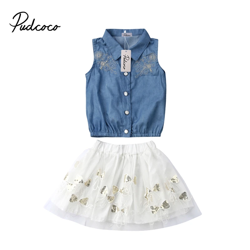 

Toddler Kids Baby Girl Jeans Summer Clothes 2Pcs Sunsuit Set Girls Baby Tops T-shirt Denim Mini Lace Tutu Skirts Dress Clothes