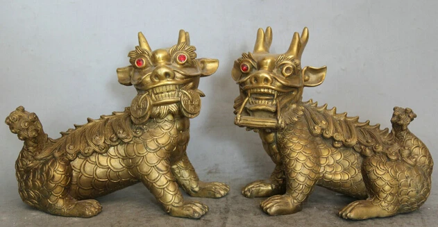 

JP S61 9" Chinese Brass Folk Wealth Animal Kylin Chi-lin Qilin sculpture Statue Pair B0403