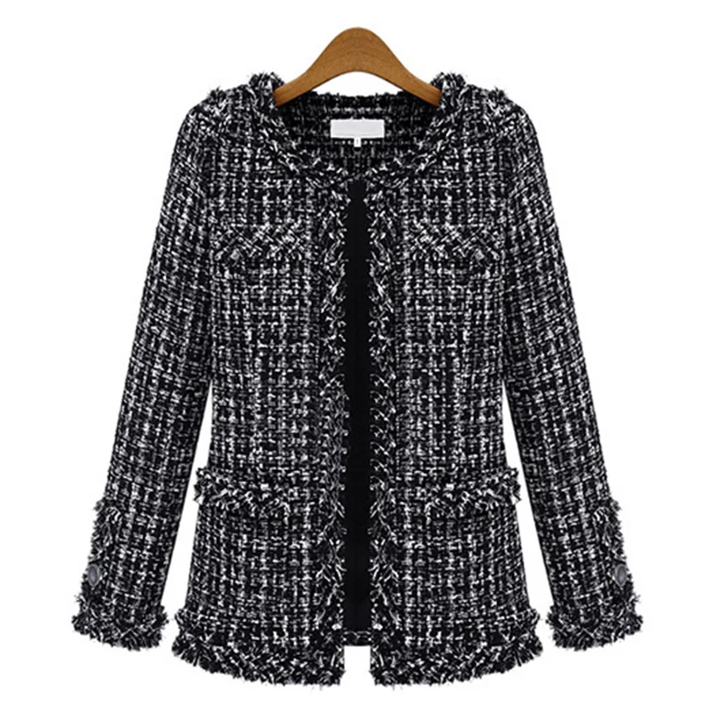 

Wmswjh Autumn winter women jacket Slim thin checkered Tweed coat Large size casual O-Neck Plaid Jacket with pocket outwear WJM04