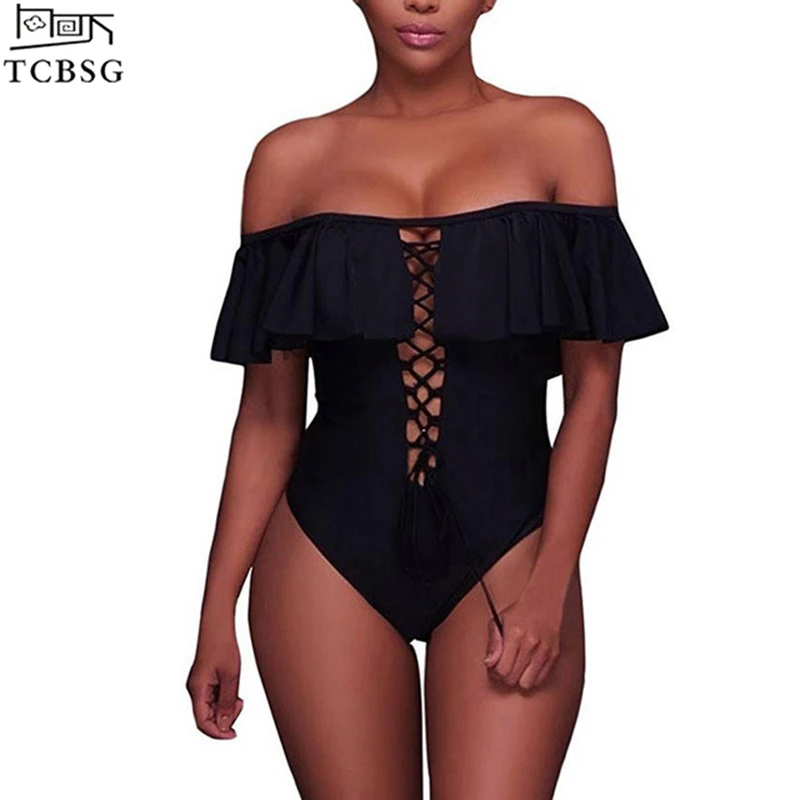 

TCBSG 2019 New Falbala One Piece Swimsuit Off The Shoulder Print Floral Bathing Suit Swimwear Women Ruffle Swim Suits Monokini