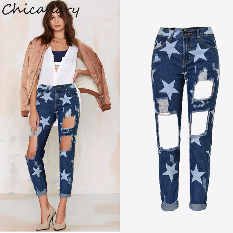 Chicanary Europe Fashion Ripped Straight Leg High Waist Denim Jeans Pants Women Stars Printed Summer New