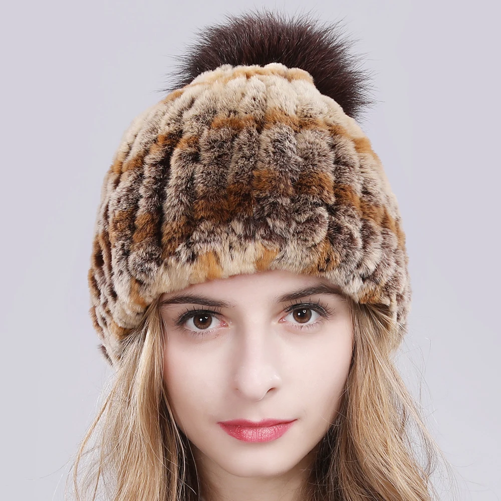 Лидер продаж, зимняя шапка из натурального меха кролика Рекс, женская, эластичная, теплая, ручная работа, вязанный Натуральная шерсть, шапки, большие помпоны из лисьего меха, шапки