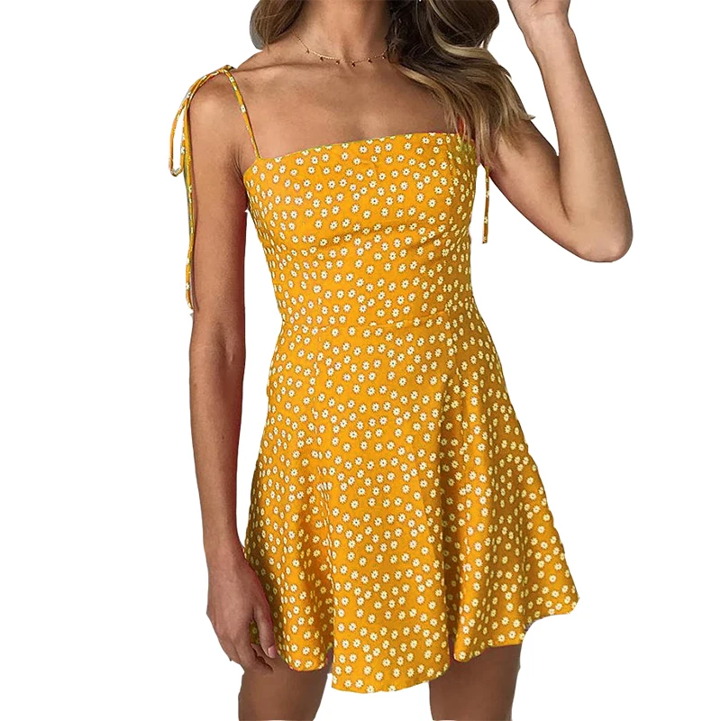 

Women Kawaii Boho Beach Summer Dress Sundress Spaghetti Strap Sexy Mini Dress Party Lace Up Floral Print Dress New Femme M0464