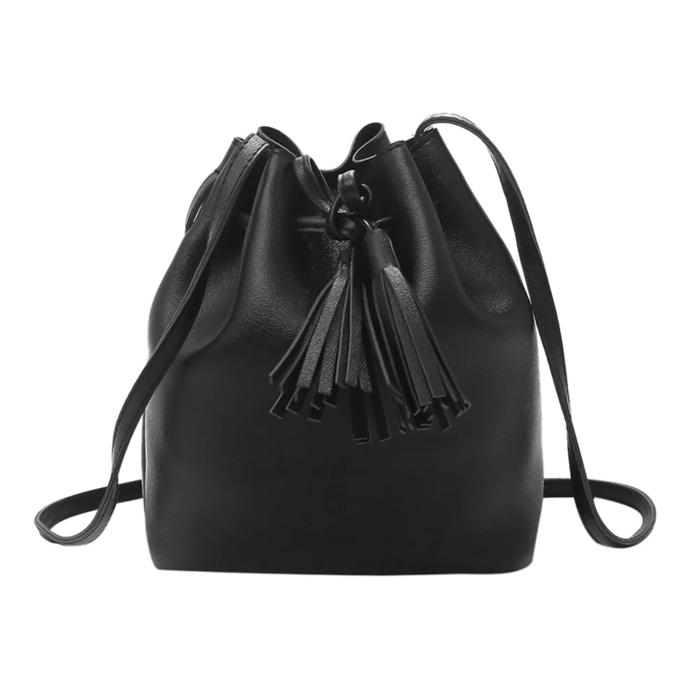 Fashion Pu Leather Mini Shoulder Bags Women Tassels Drawstring Messenger Bucket Small Crossbody Casual Girls Handbag Bolso Bag