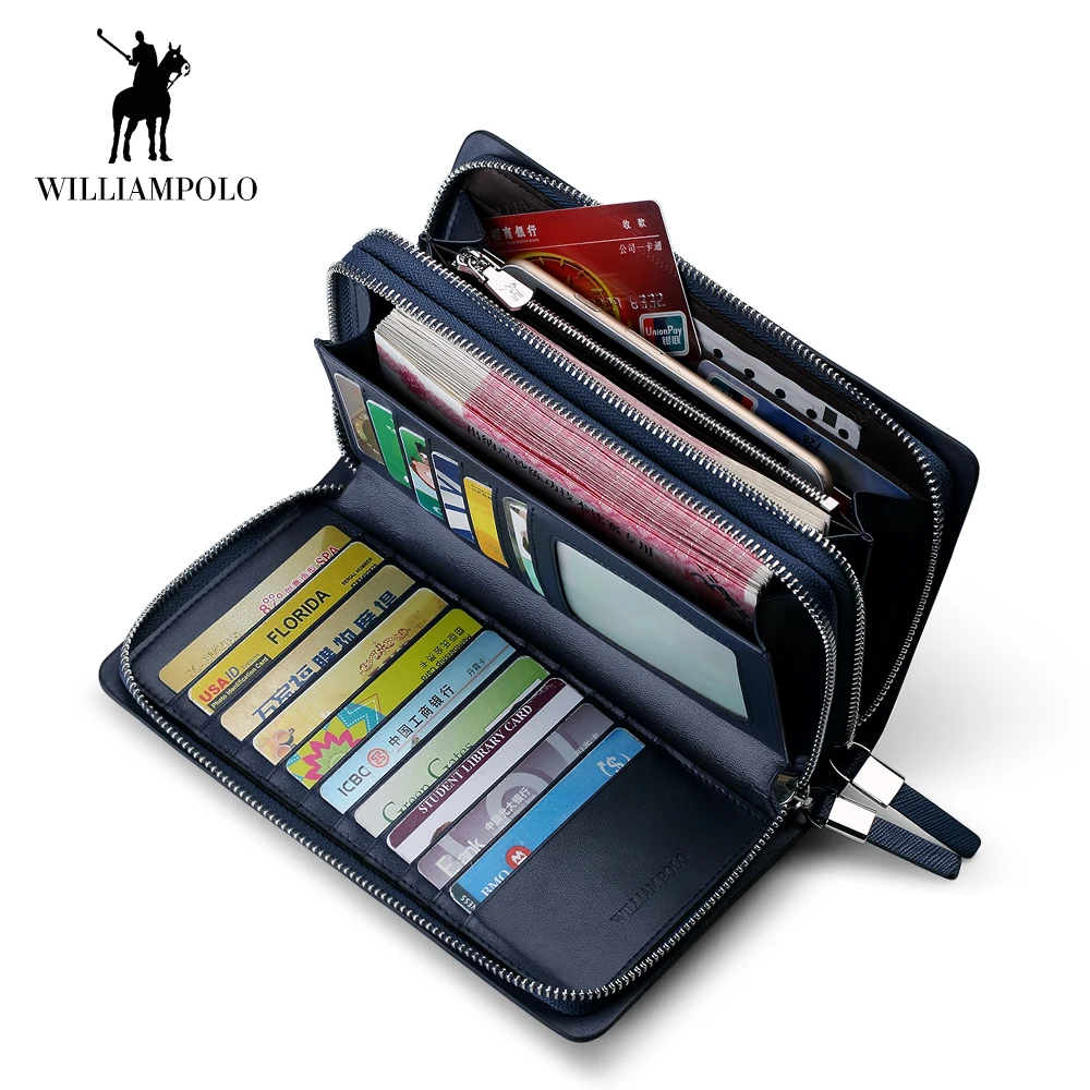 WILLIAMPOLO New Men Wallet Genuine Leather Long Clutch Phone Pocket Card Holder Handbag Double Zipper Detachable Wristlet Black