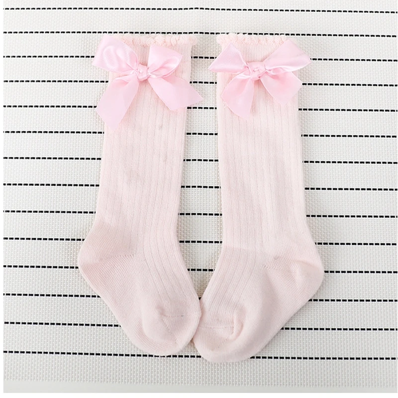 Детские носки гольфы с большим бантом для маленьких девочек Новые однотонные хлопковые длинные мягкие кружевные носки с бантом для девочек, Прямая поставка - Цвет: Pink