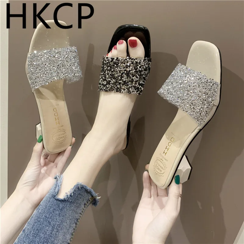 

HKCP 2019 new slippers women summer fashion outside wearing Korean version of slippers square head with diamond slippers C299