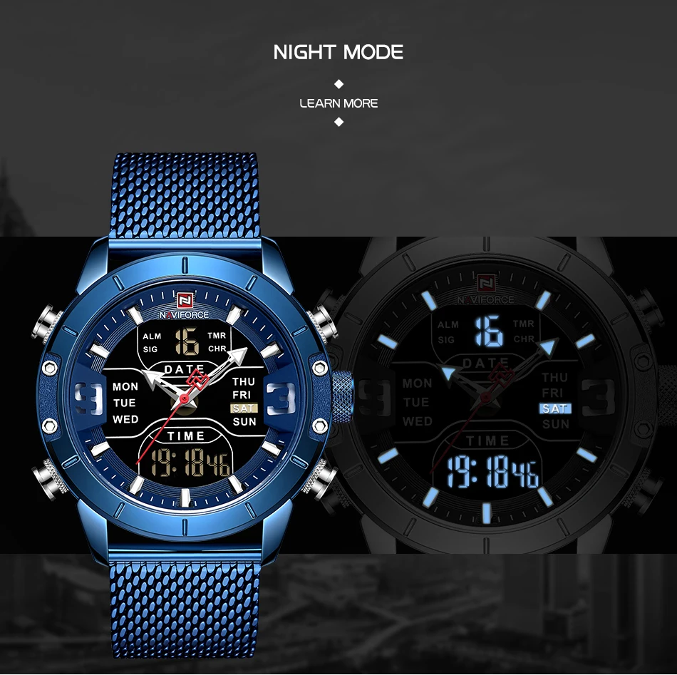NAVIFORCE мужские s часы Лидирующий бренд Роскошные спортивные часы для мужчин сетчатый ремешок 30 м водонепроницаемый Miliary двойной дисплей наручные часы синий