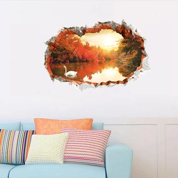 

Creative Home Decor 3D Wall Stickers Broken Wall Style Red maple Trees Lake Pattern For Living Room Mural Art Wallpaper 60*90CM